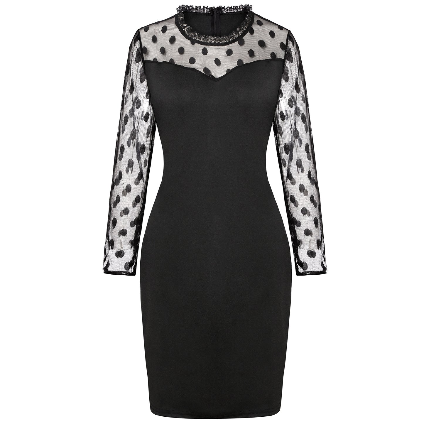 Robe fourreau à manches longues et taille élastique pour femme, coutures en maille à pois