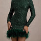 Women's Long Sleeve Sequined Feather Dress Round Neck