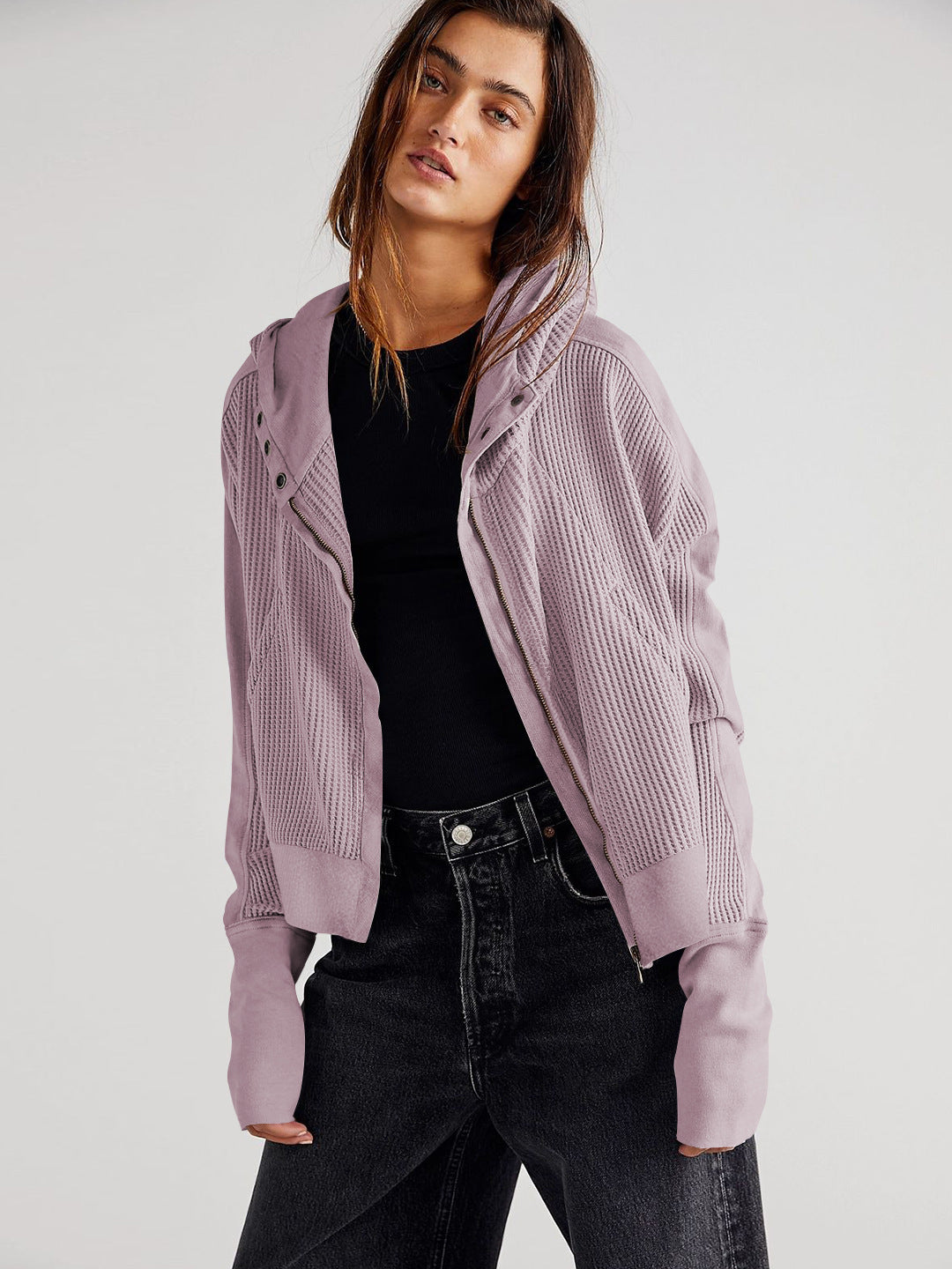 Women's Fashion Casual Patchwork Zipper Hooded Sweatshirt