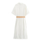 Cotton And Linen With Belt Midi Skirt Workwear Shirt Dress