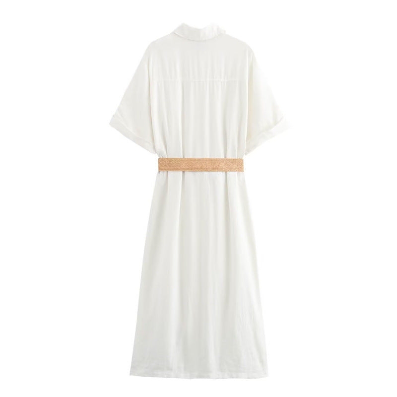 Cotton And Linen With Belt Midi Skirt Workwear Shirt Dress