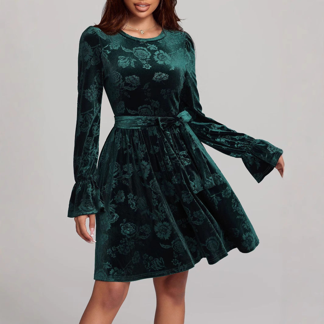 Women's Casual Long-sleeve Printed Velvet Dress
