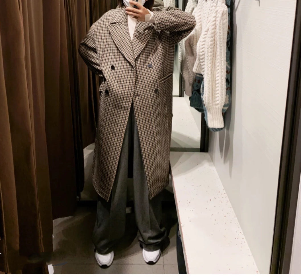 Retro Wild Long Houndstooth Woolen Coat