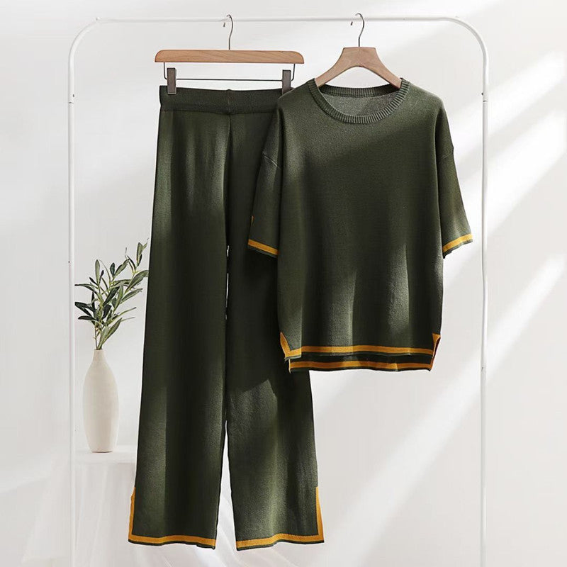 Pull ample patchwork avec haut à manches courtes et pantalon fendu, ensemble en tricot