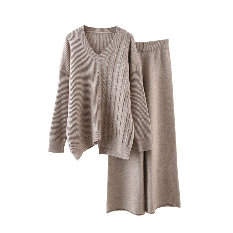 Pull uni à col en V, nouvelle collection automne-hiver, ample, décontracté, tricoté, pantalon large assorti, costume deux pièces