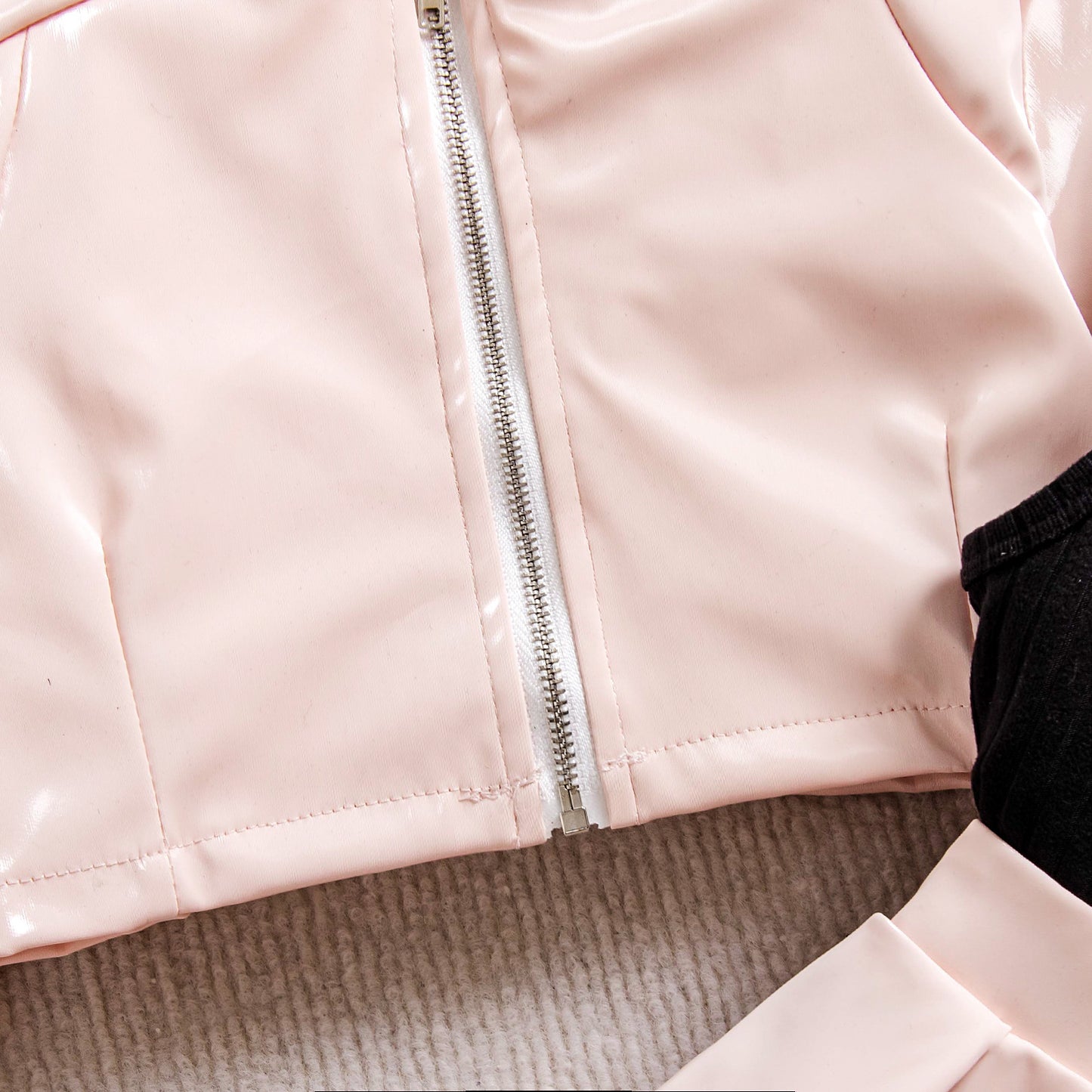 Notched Lapel Leather Jacket With Pleated Skirt Three-piece Set