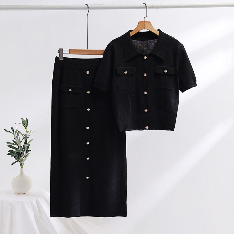 Women's New Polo Collar Sweater With Short Sleeves Skirt Knitted Two-piece