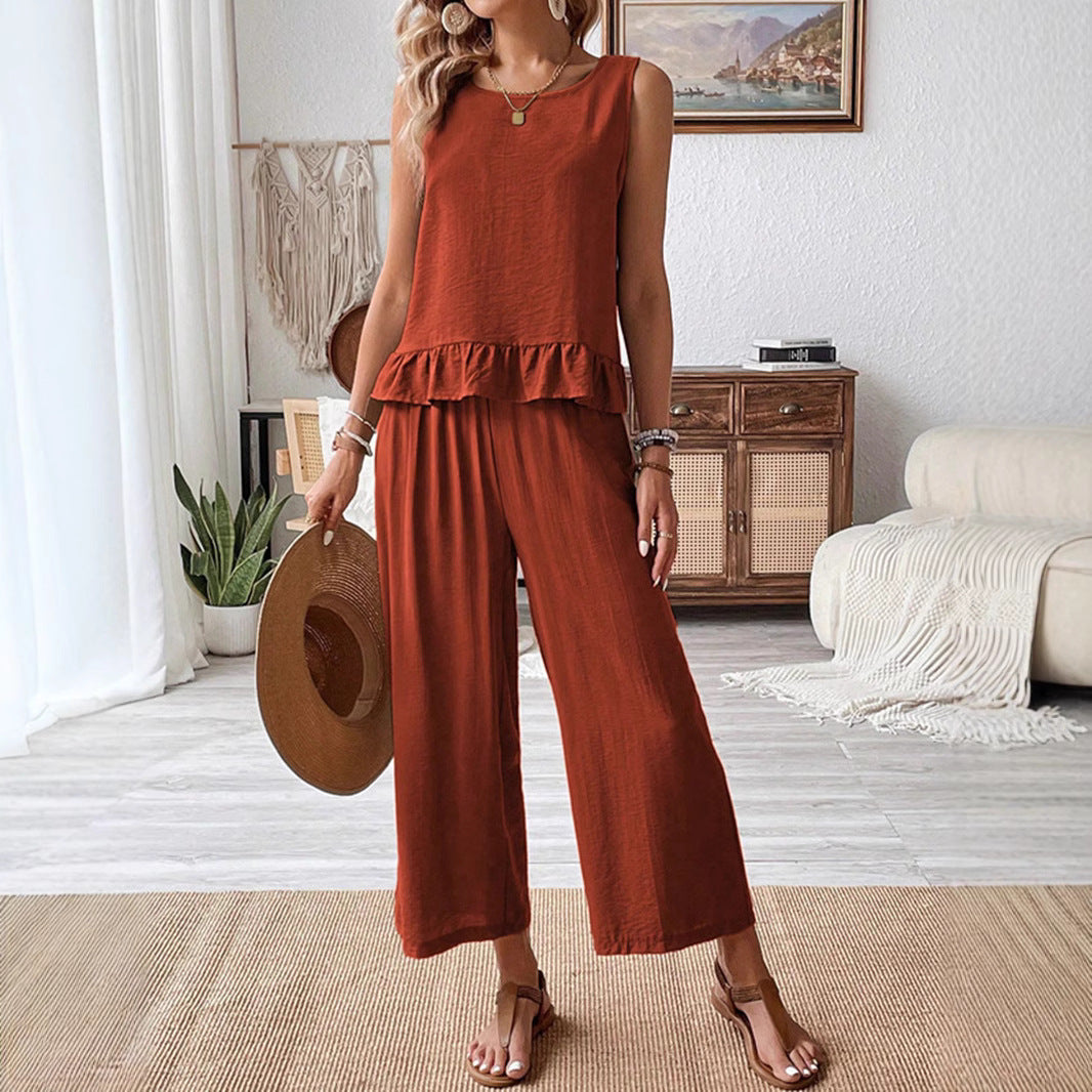 Solid-color Sleeveless Top And Capri Pants Set Womens Clothing
