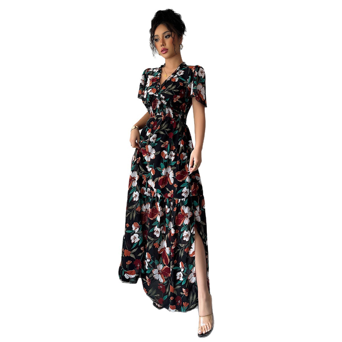 Advanced Minimalist Style Deep V Printed Slit Long Dress Women's Short Sleeve