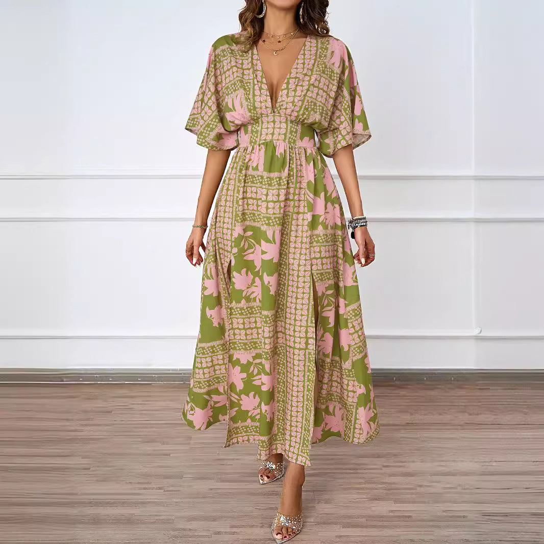 Sexy V-Neck Short-Sleeve Printed Waist-Cinching Dress