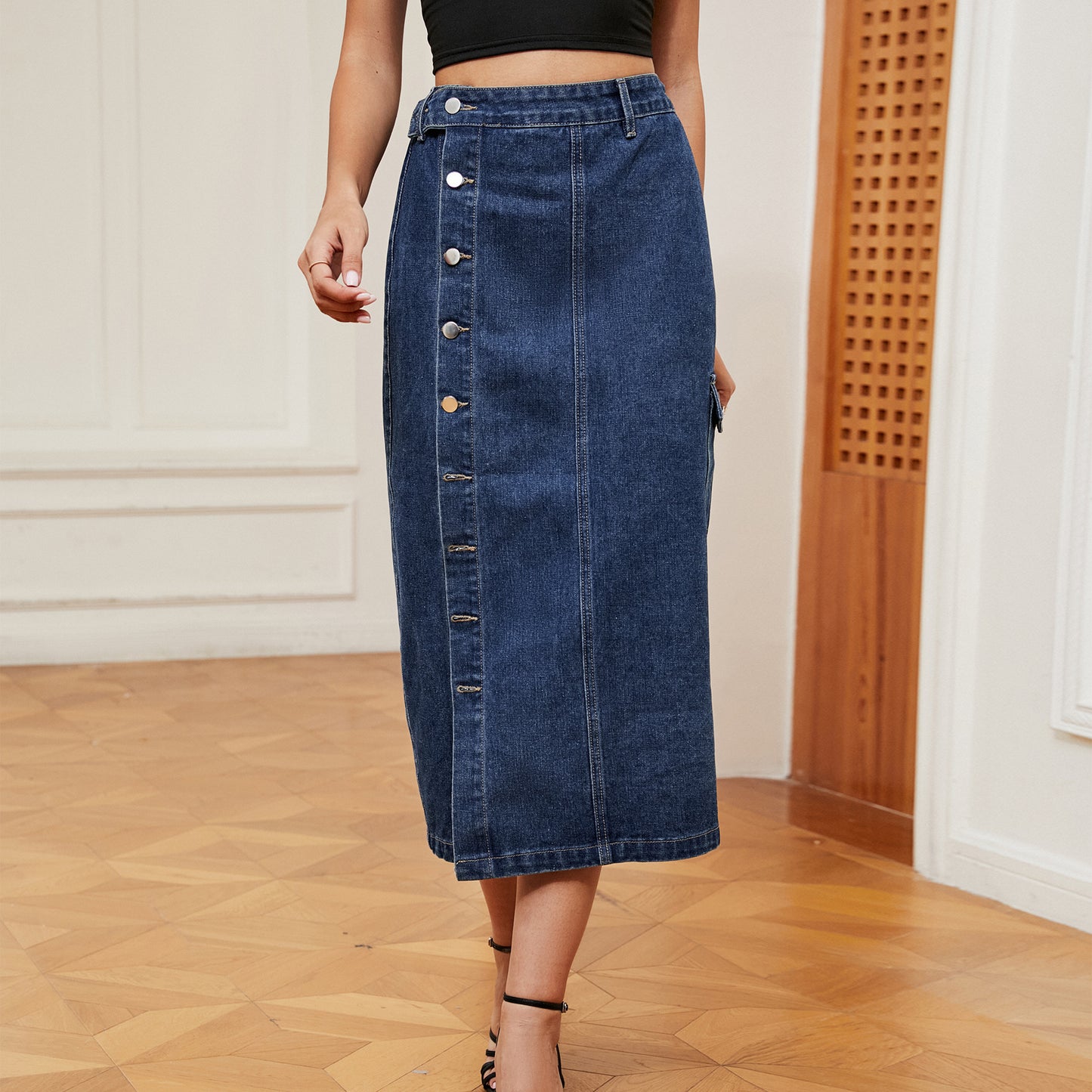 European And American Girls Half Elastic Denim Cargo Pants Casual Skirt