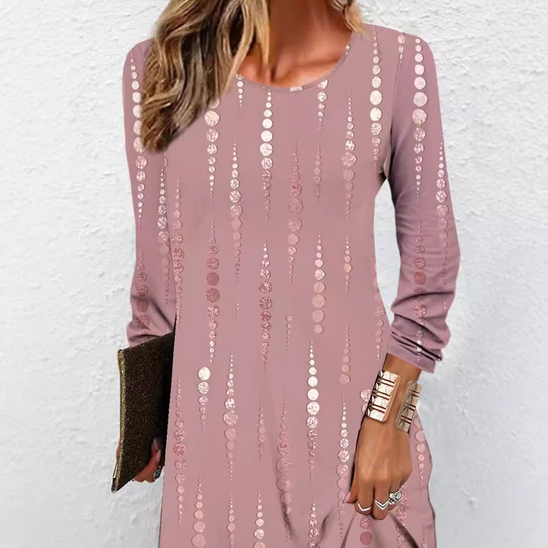 Women's Long Sleeve Printed Autumn New Round Neck Knitted Dress