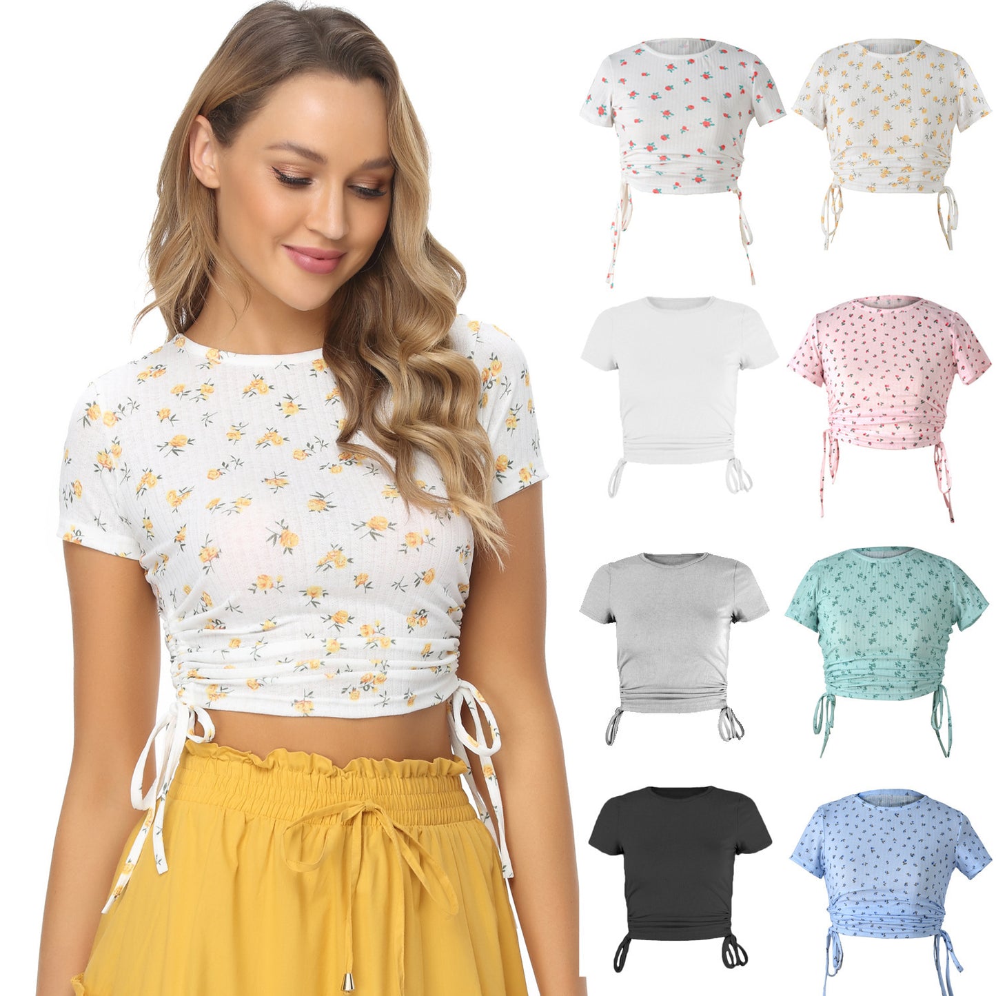 Women's Printed Short-sleeved T-shirt With Drawstring