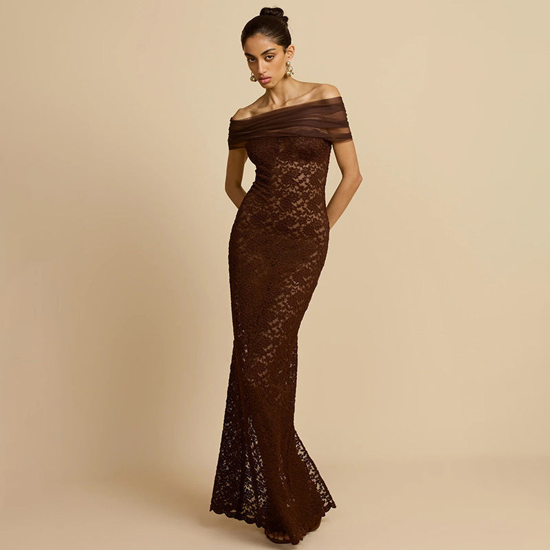 Women's Off-shoulder See-through Lace Split Slim-fit Sheath Dress