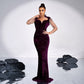 Robe queue de poisson à manches longues et col carré, avec paillettes et strass