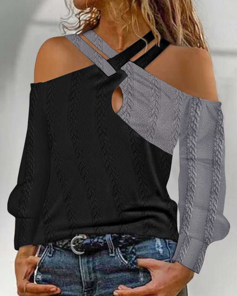 European And American Leisure Mesh Sequin Stitching Long Sleeve Women's Shirt