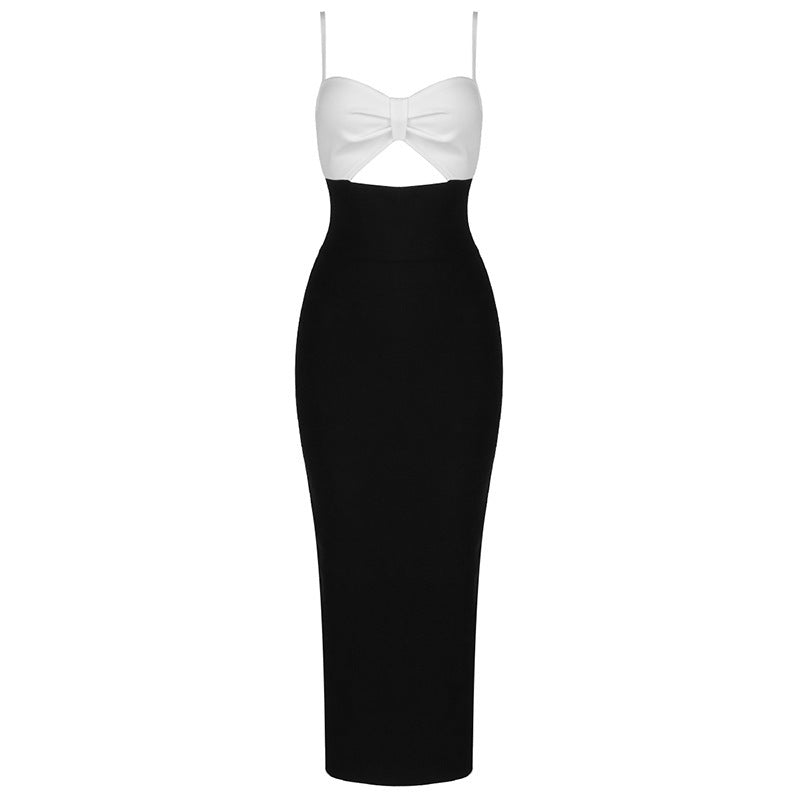 Robe longue à bandes, sexy, couleur unie, col en V, dos nu, pour soirée, club