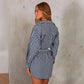 Striped Loose Tie Large V-neck Long-sleeve Shirt Short Dress