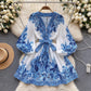 Robe femme manches lanternes taille ajustée imprimé