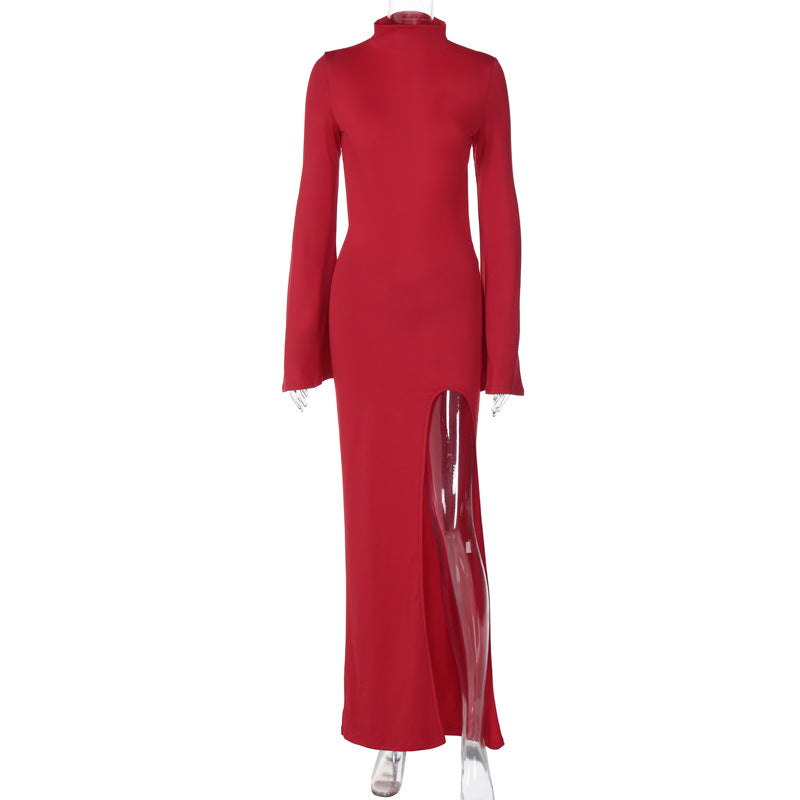 Bell Sleeve Backless Slit Slim Fit Dress