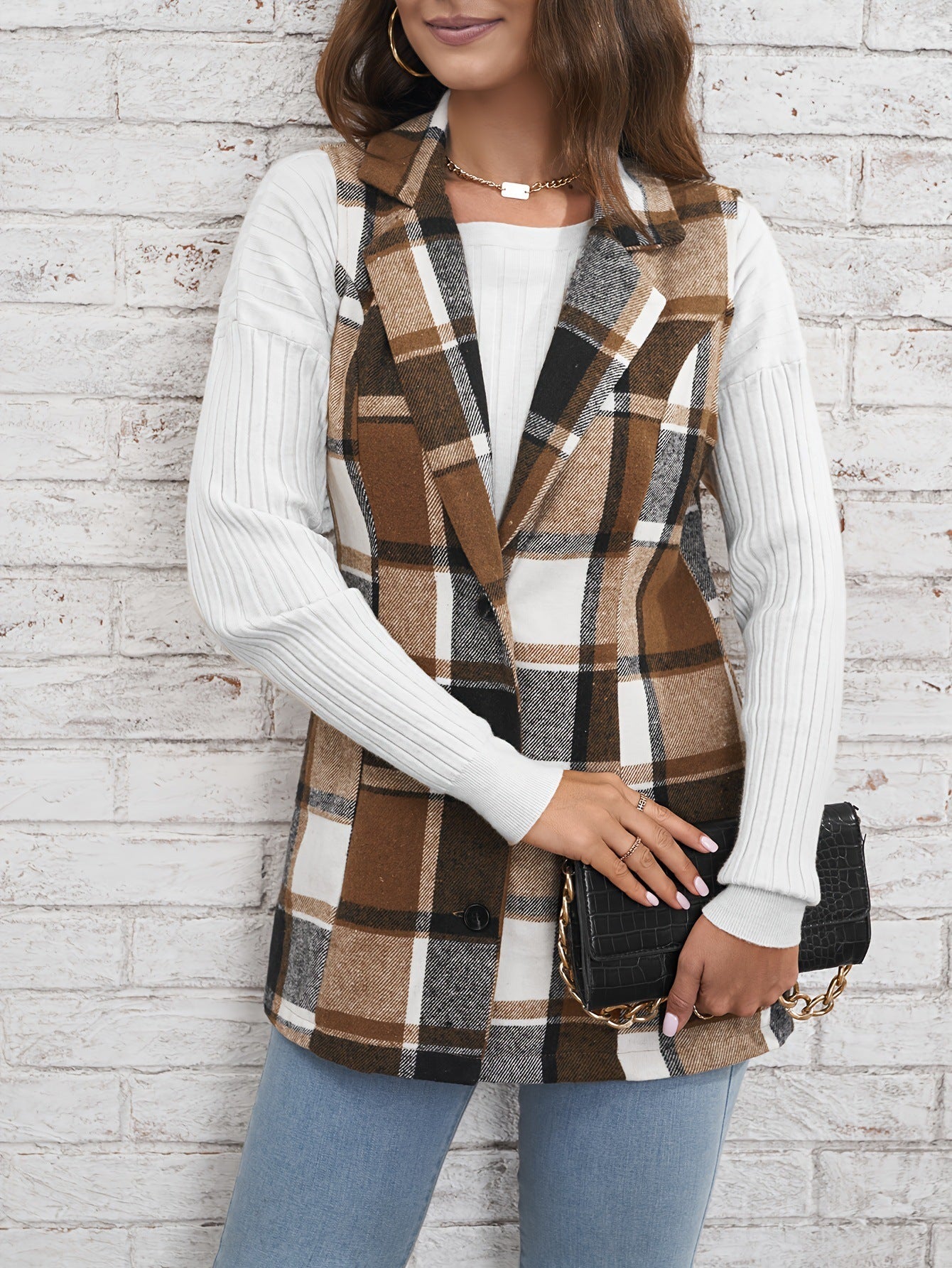 Fashion Women's Wear Lapel Suit Vest Plaid Coat