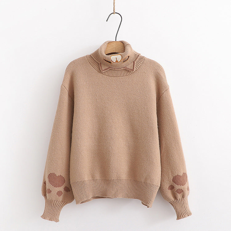 Pull d'automne en tricot brodé à demi-col roulé pour femme