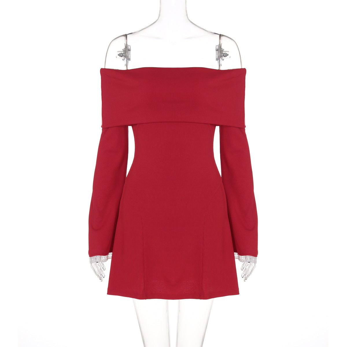 Women's Off-shoulder Horn Long Sleeve Short Dress Lace