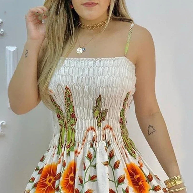Female Positioning Printing Floral Crumpled Sling Dress