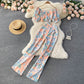 Off Shoulder Puff Sleeve Cropped Top And Printed High Waist Wide Leg Pants Two Piece Set