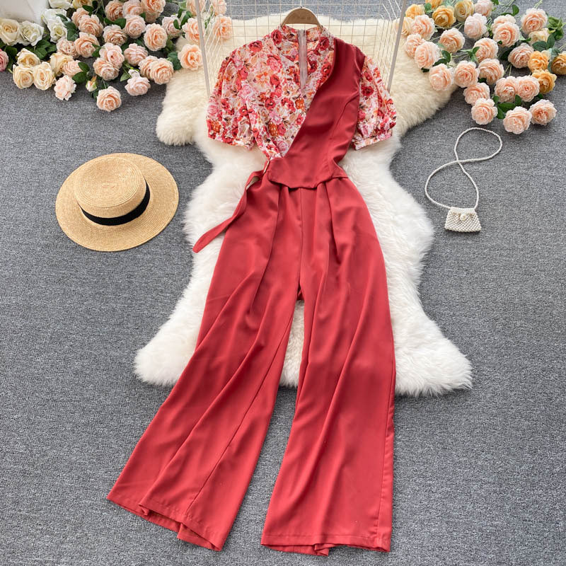 Combinaison deux pièces style occidental à col en V, taille haute, drapée amincissante, jambes larges, pour femmes