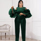 Round Neck Cutout Stitching Tulle Puff Sleeve High Waist Jumpsuit