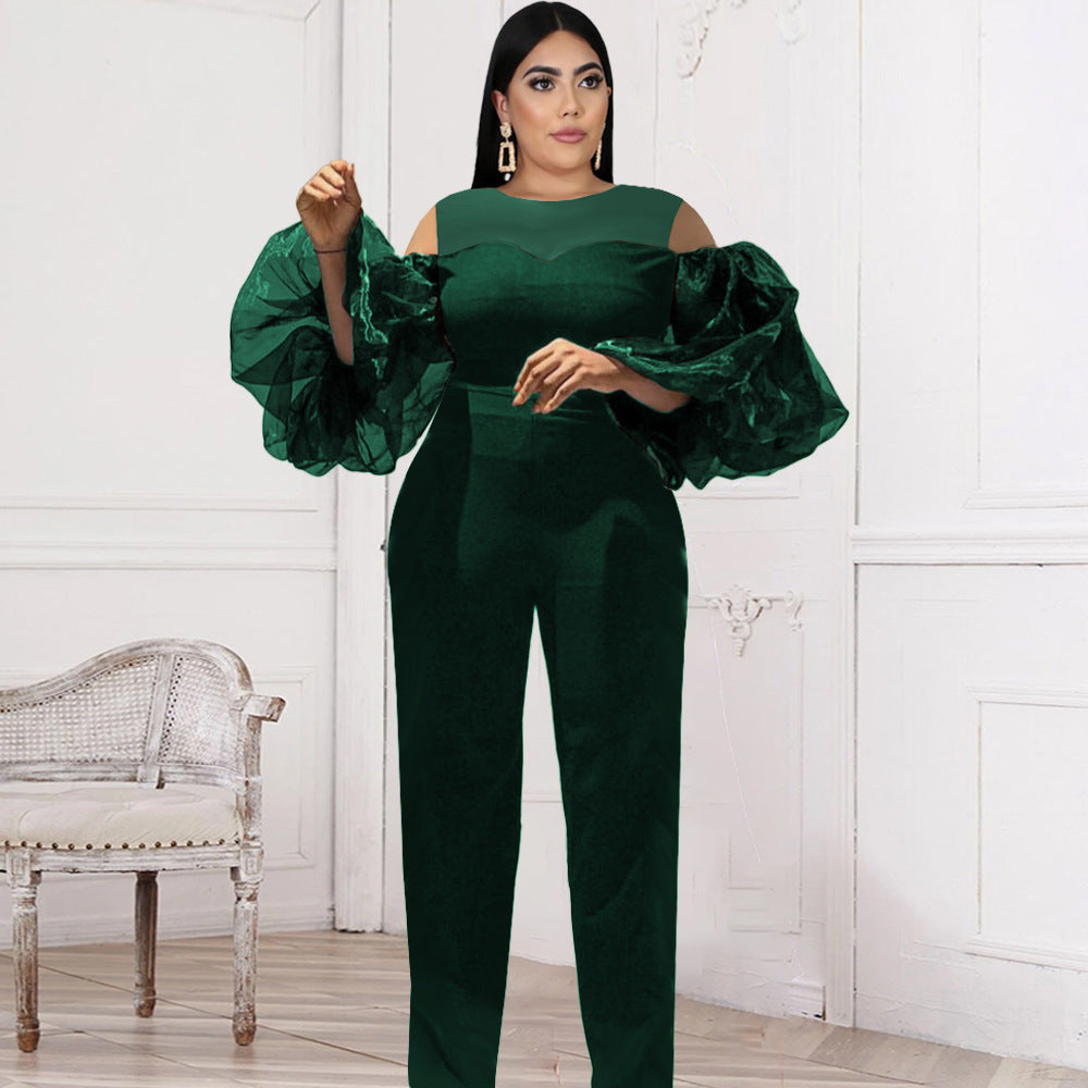 Round Neck Cutout Stitching Tulle Puff Sleeve High Waist Jumpsuit