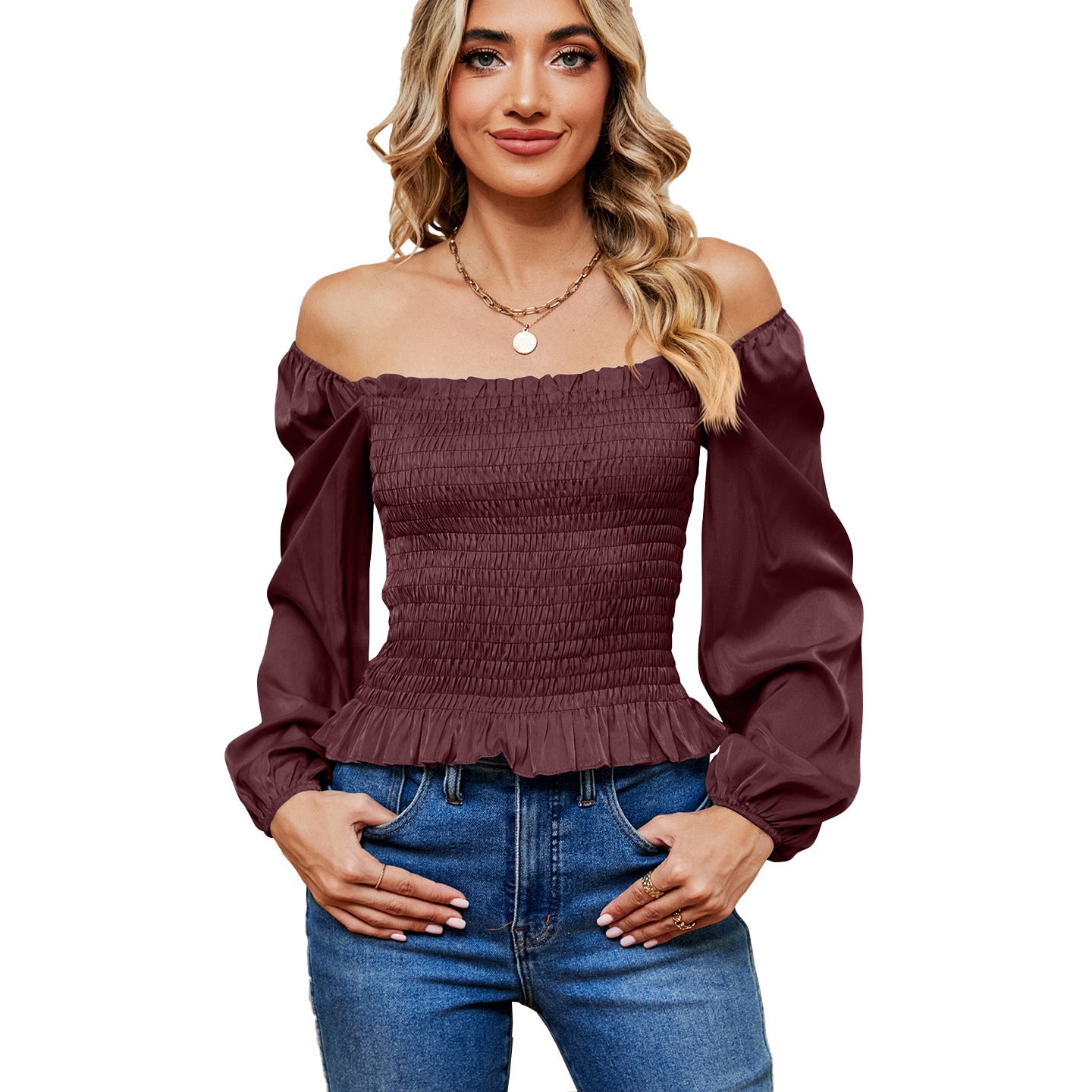 Women's Solid Color Square Collar Off-shoulder Slim Long Sleeve Top