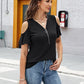 Solid Color Zipper Pleated Loose Casual Fashion V-neck Top For Women