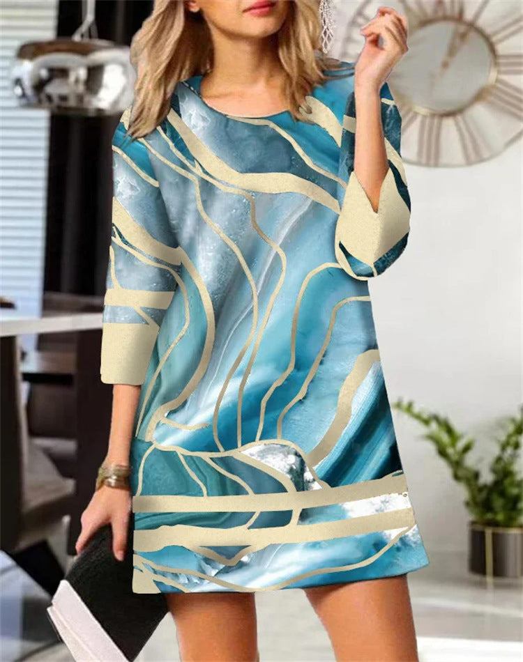 Women's Plaid Stitching Round Neck Slim Fit Dress