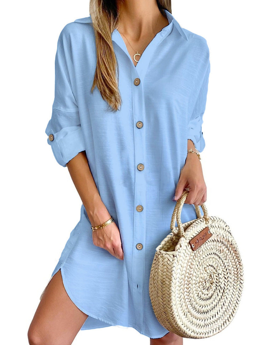 Robe chemise boutonnée à manches longues et revers pour femme, vêtement d'automne décontracté