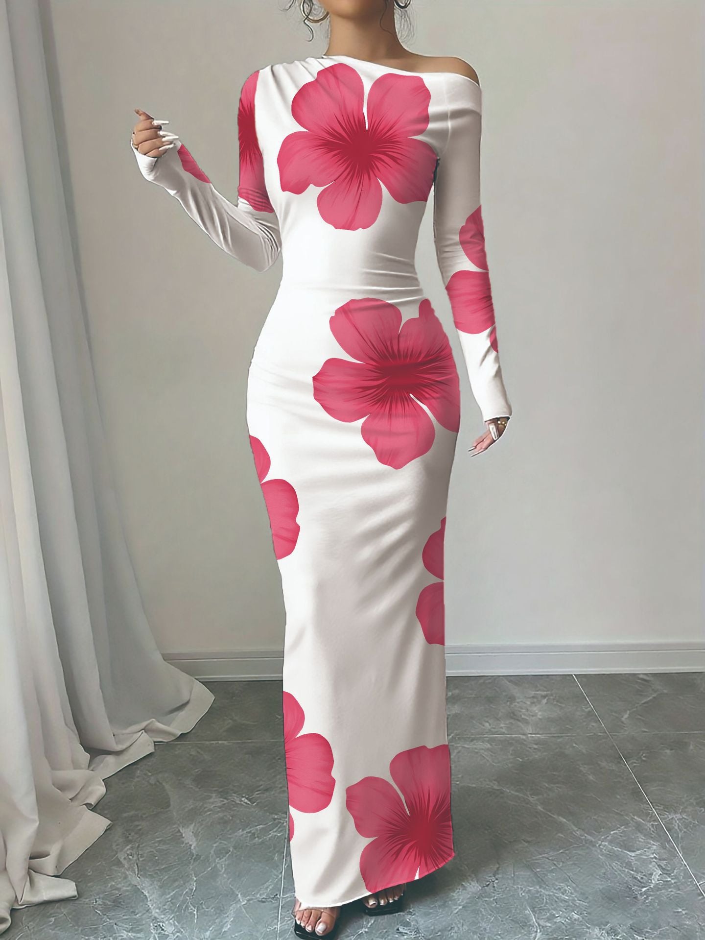 Womens Printed Slim-Fit Long-Sleeve Dress
