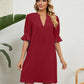 Summer Dress Solid Color V-neck Loose Pleated Half-sleeve Dress For Women