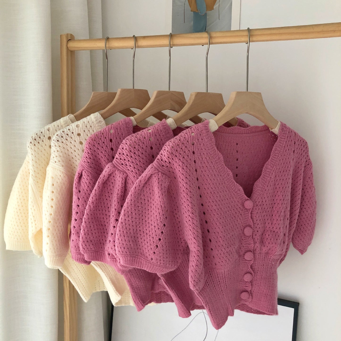 Short Puff Sleeve Hollow Knit Top
