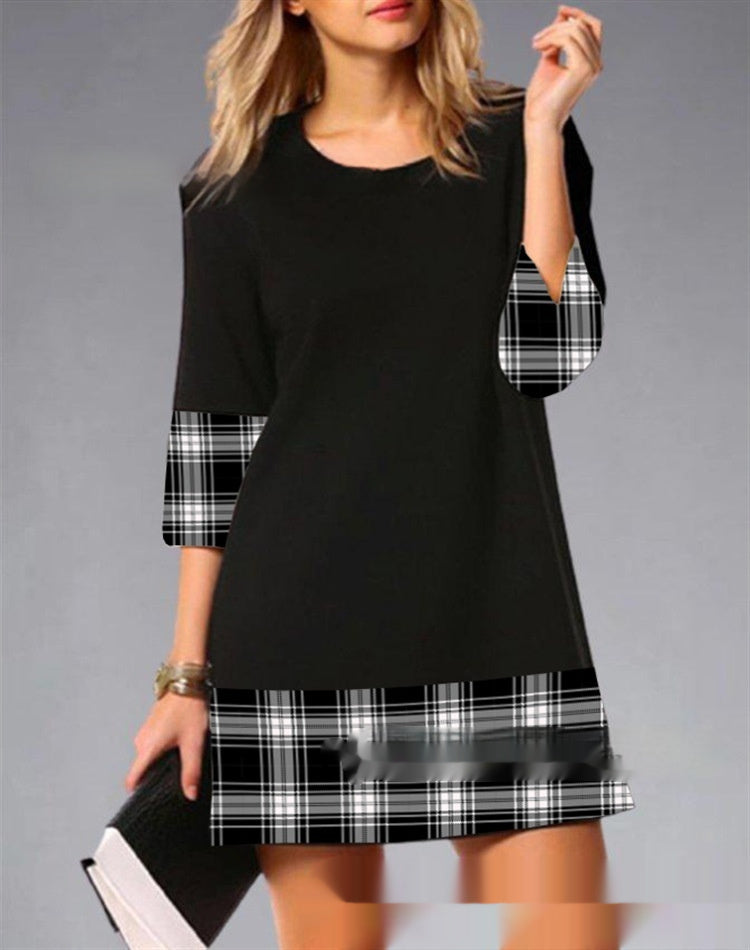 Women's Plaid Stitching Round Neck Slim Fit Dress
