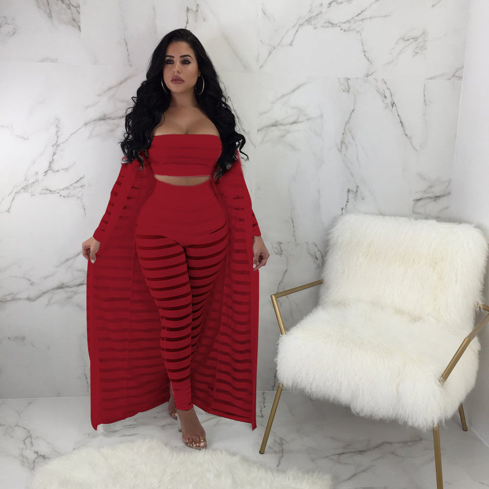 Women's Plus Size Fashion Lace Hollow Cloak Wrapped Chest Pants Suit