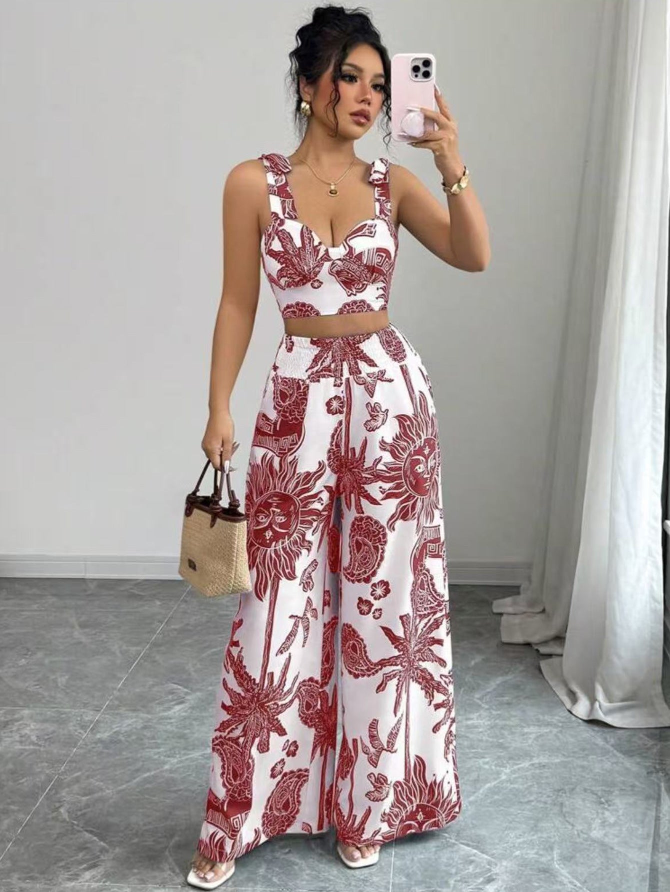 V-neck Strap Vest Loose Wide Leg Pants
