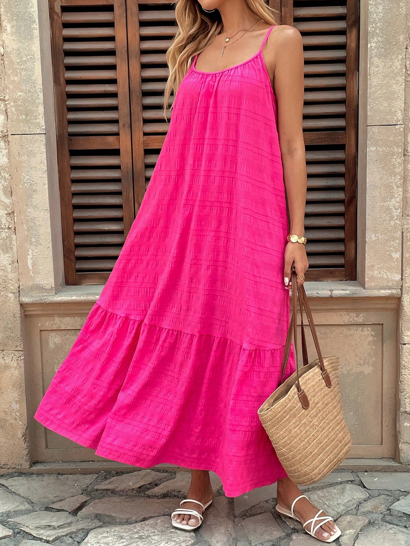 Drawstring Multi-layer Ruffled Decorative Extra Long Sling Dress