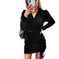 Puff Sleeve V Neck  Slim Pull Rope Wrap Hip Dress