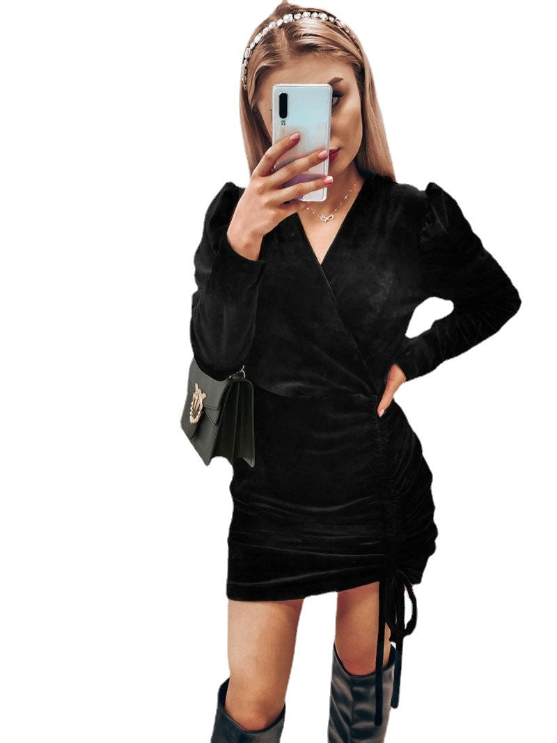 Puff Sleeve V Neck  Slim Pull Rope Wrap Hip Dress