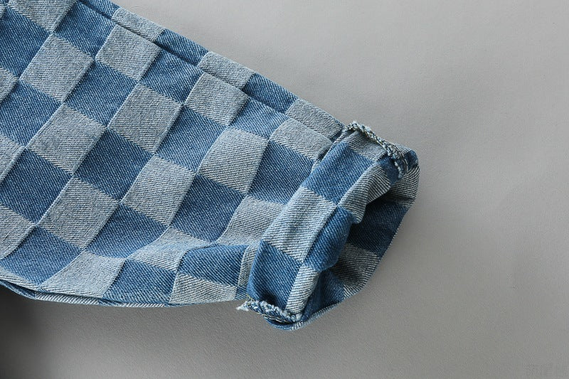 Combinaison à carreaux avec double poche et revers, pantalon à manches longues et salopette pour enfant