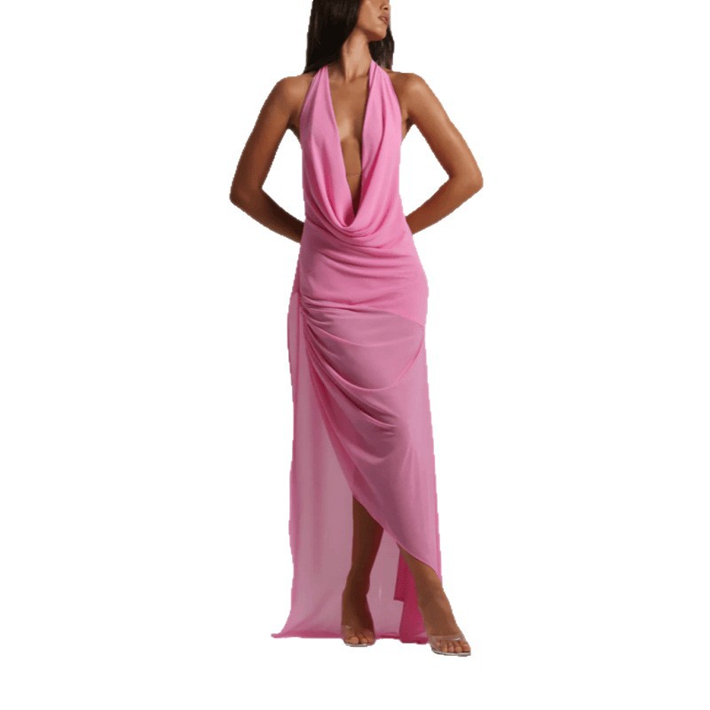 Deep V-neck Backless Sexy Asymmetrical Ruffled Dress