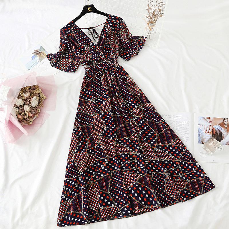 Chiffon Dress Female French Platycodon Floral Long Skirt Waist Was Thinner
