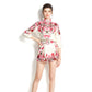 Balloon Sleeve Turtleneck Vintage Print Shirt Loose Shorts Set