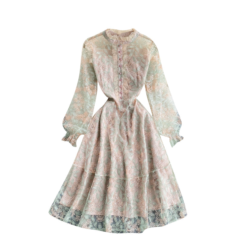 Slim Fit Short Heavy Duty Embroidered Lace Skirt With Fungus Collar